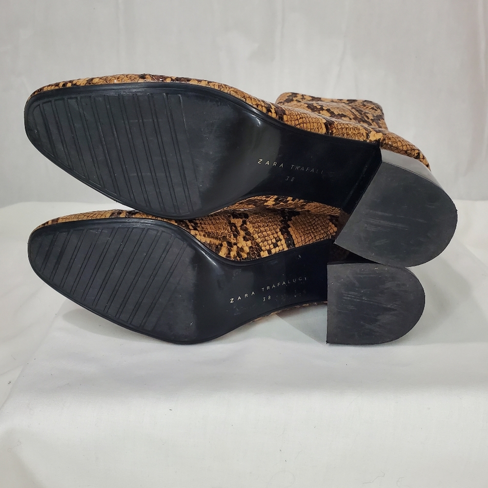 Zara Brown Snakeskin Block Heel Ankle Boot Bootie Size 7.5-8 EU 38 Animal Print - Picture 10 of 13